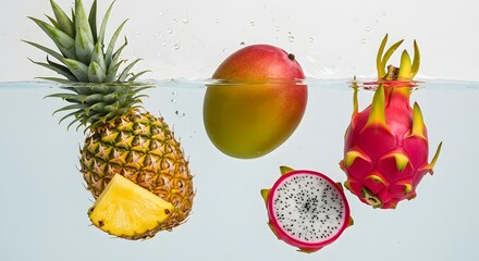Fresh Tropical Fruits Splash into Cool Water Refreshing Hydration