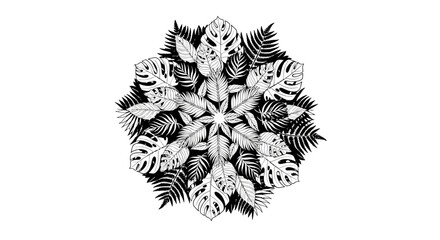 Intricate black and white silhouette of tropical leaves (monstera, palm, fern) arranged in a circular, mandala-like pattern on an isolated white background, conveying an exotic natural mood.