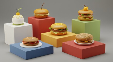 Vibrant Display of Delicious Burgers and Dessert on Colorful Pedestals