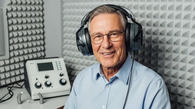 A happy senior man gets his hearing tested by an audiologist in a soundproof booth to check for hearing loss and get a new hearing aid