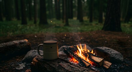 Cozy campfire with a mug of warm drink in a forest setting
