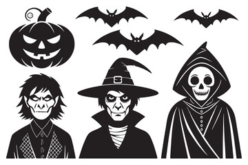 Halloween Pumpkin, Witch, Skeleton and Bat Vector Silhouette Set