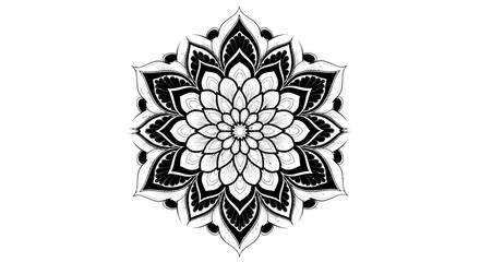 Intricate black and white mandala flower design with complex radial symmetry, creating a calming and ornate pattern on an isolated white background.