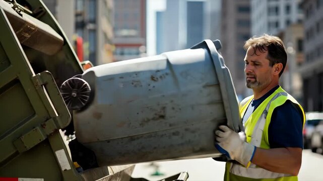 Sanitation worker in high visibility vest emptying garbage bin urban environment public service municipal work concept promotional content designers horizonta