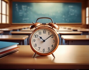 alarm clock sitting on desk in empty classroom symbolizing back to school time