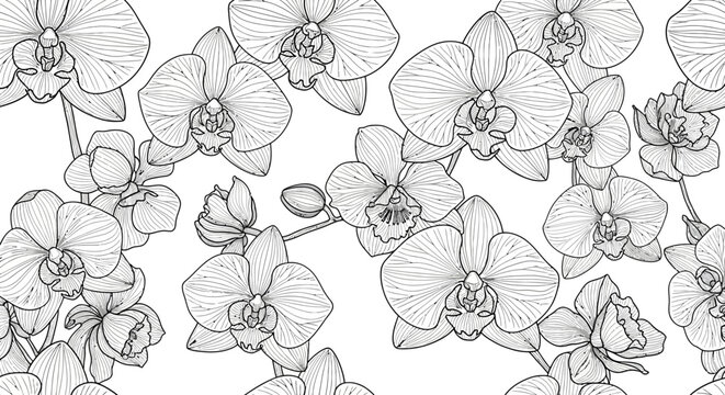 Seamless pattern of delicate orchid flowers and buds in detailed black and white line art, creating an elegant floral background on an isolated white background.