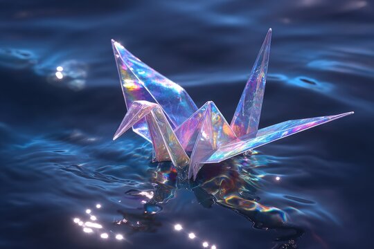 Holographic origami crane on water - Powered by Adobe
