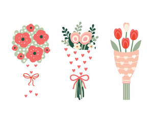 Three hand drawn bouquets with hearts and ribbons
