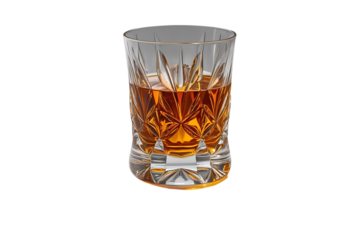 a glass of whiskey with amber color and textures set against a white void for clear focus on the whiskey.