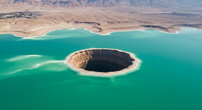 Dramatic sinkhole piercing the turquoise waters of the Dead Sea landscape showcasing geological