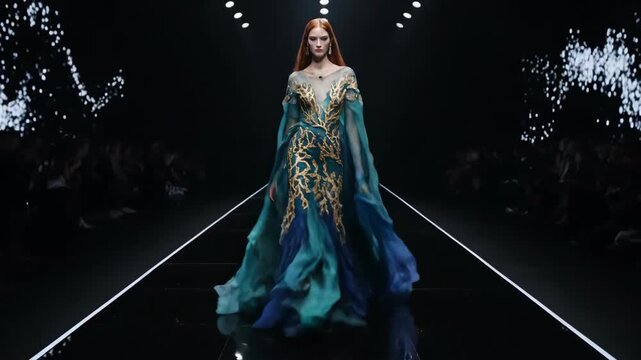 A high fashion model with long red hair walks the runway in a stunning and ethereal fantasy gown of green and gold at a haute couture fashion show