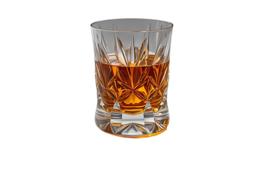 a glass of whiskey with amber color and textures set against a white void for clear focus on the whiskey.