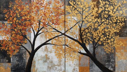 Two abstract trees in autumn colors, contrasted against a textured background