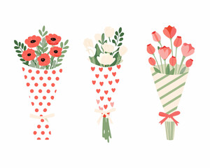 Three bouquets of flowers with decorative wrapping paper