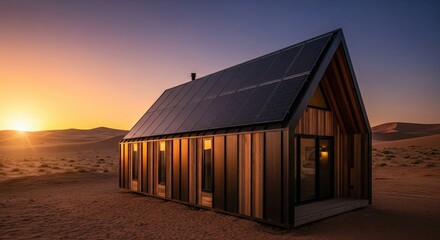 Fototapeta premium A modern, sustainable A-frame cabin with solar panels in the desert at sunset.