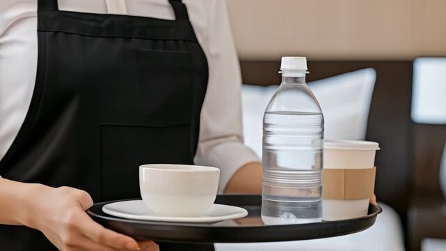 A server presents a tray with coffee, water, and breakfast, showcasing hospitality in a comfortable environment