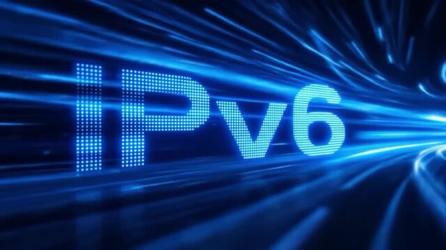 Animated blue ipv6 text displays through a futuristic tunnel concept