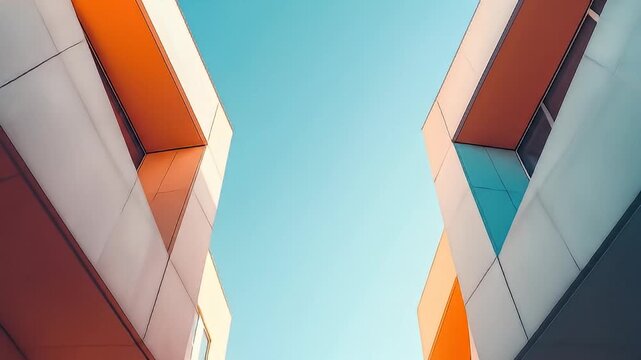 Upward view of modern architecture, featuring orange and white geometric facade against blue sky