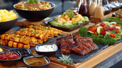 A festive BBQ buffet filled with colorful dishes, sauces, and garnishes.