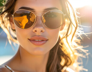Close-up of a beautiful young woman wearing stylish sunglasses, glowing radiant skin