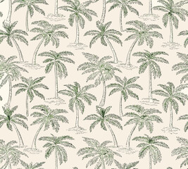 Seamless pattern of hand drawn palm trees in a vintage sketch style