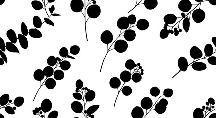 Seamless Pattern of Black Eucalyptus Leaves and Berries Silhouette on White Background