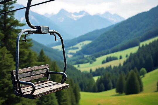 Empty Chairlift Over Lush Green Mountain Valley with Snow-Capped Peaks - Powered by Adobe