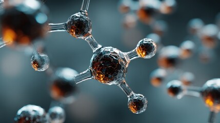 Molecular structure with intricate glass-like spheres and connecting bonds