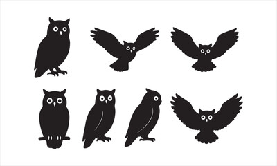 Owl Silhouettes side and front profiles black on white Vector