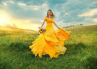 happy girl spinning dancing laughing. fantasy blonde hair woman queen have fun joy in long vintage...