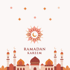 Ramadan kareem greeting with mosque and celestial elements