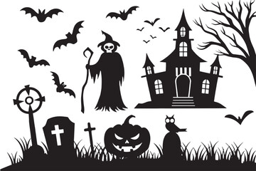 Haunted House Silhouette with Grim Reaper, Bats, Pumpkins and Graveyard Scene