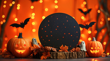 Festive Halloween Themed Decorations With Pumpkins, Orange Shiny Background 