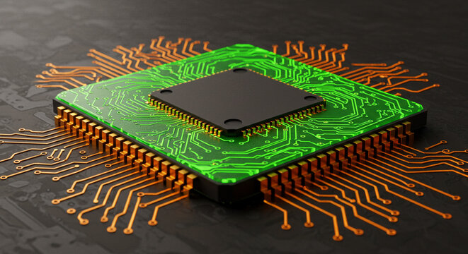 Futuristic green circuit board with glowing lines and golden pins connecting to a central processor