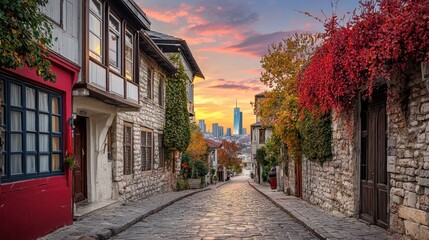 Charming cobblestone street in historic neighborhood at sunset, showcasing traditional architecture and autumn foliage with modern cityscape in the distance.