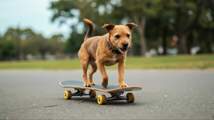 Playful dog riding skateboard park outdoor pet training entertainment viral content concept promotional animal services recreation lifestyle horizontal