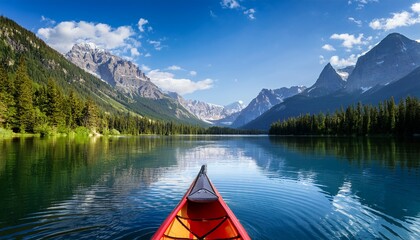 serene mountain lake canoe paddle adventure calm water tranquil nature scenic view breathtaking landscape peaceful summer day majestic mountains reflections beautiful scenery