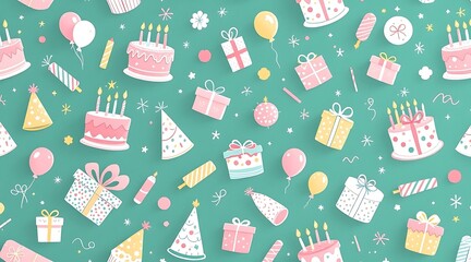 Festive Birthday Pattern with Cakes, Gifts, and Balloons