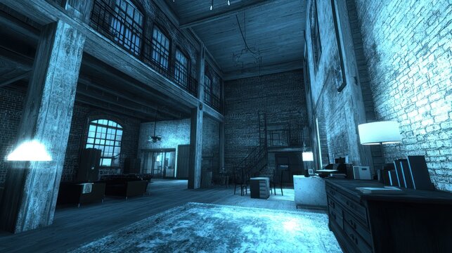 Dark, spacious loft apartment interior with high ceilings, exposed brick walls, and a mezzanine level. - Powered by Adobe