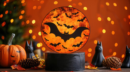 Festive Halloween Themed Decorations With Pumpkins, Orange Shiny Background 