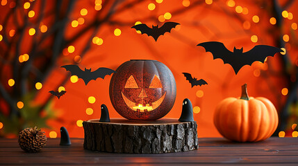 Festive Halloween Themed Decorations With Pumpkins, Orange Shiny Background 