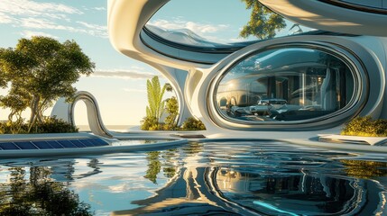Obraz premium Futuristic house with pool, reflecting sunset.