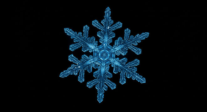 Stunning macro of a delicate blue snowflake against a stark black background, showcasing intricate ice crystals