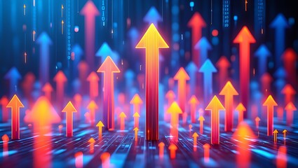 A dynamic abstract visualization of numerous glowing upward pointing arrows in vibrant red orange and blue hues representing growth progress and success in a digital futuristic landscape