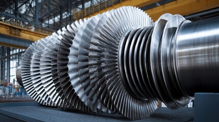 Close-up of rotating blades inside an industrial steam turbine