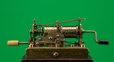 Vintage music box mechanism with ornate brass cylinder and crank, a nostalgic mechanical marvel
