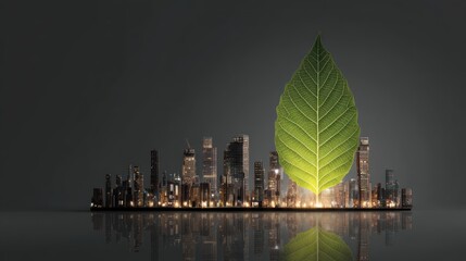 Fototapeta premium Concept of renewable energy with a glowing green leaf powering buildings
