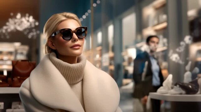 Stylish model showcases modern eyewear and luxurious fashion in upscale boutique setting