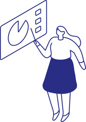 Flat isometric illustration of woman presenting with pie chart board. Business strategy, analytics, teamwork, corporate growth and marketing concept.