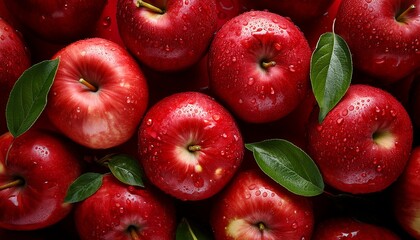 red apples with leaves closeup with top view red apple patterns top view of bright ripe fragrant red apples with water drops as background